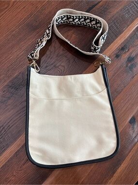 AHDORNED Canvas Crossbody Bag, Ivory,Black Faux Leather Trim, Guitar Strap